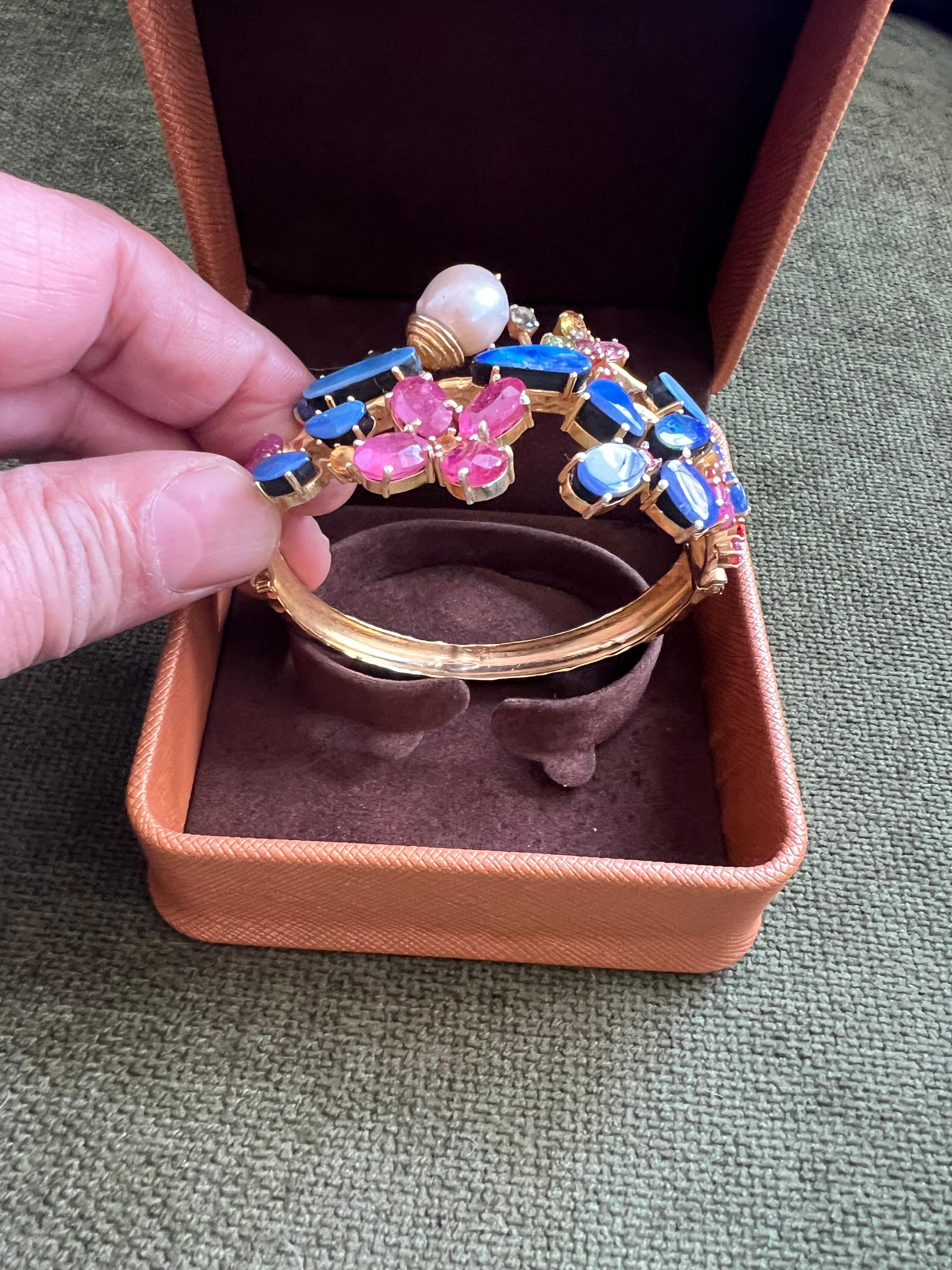 Antique Cushion Cut Bochic “Capri” Vintage Ruby, Sapphire & Blue Opal Cuff Set In 18K & Silver For Sale