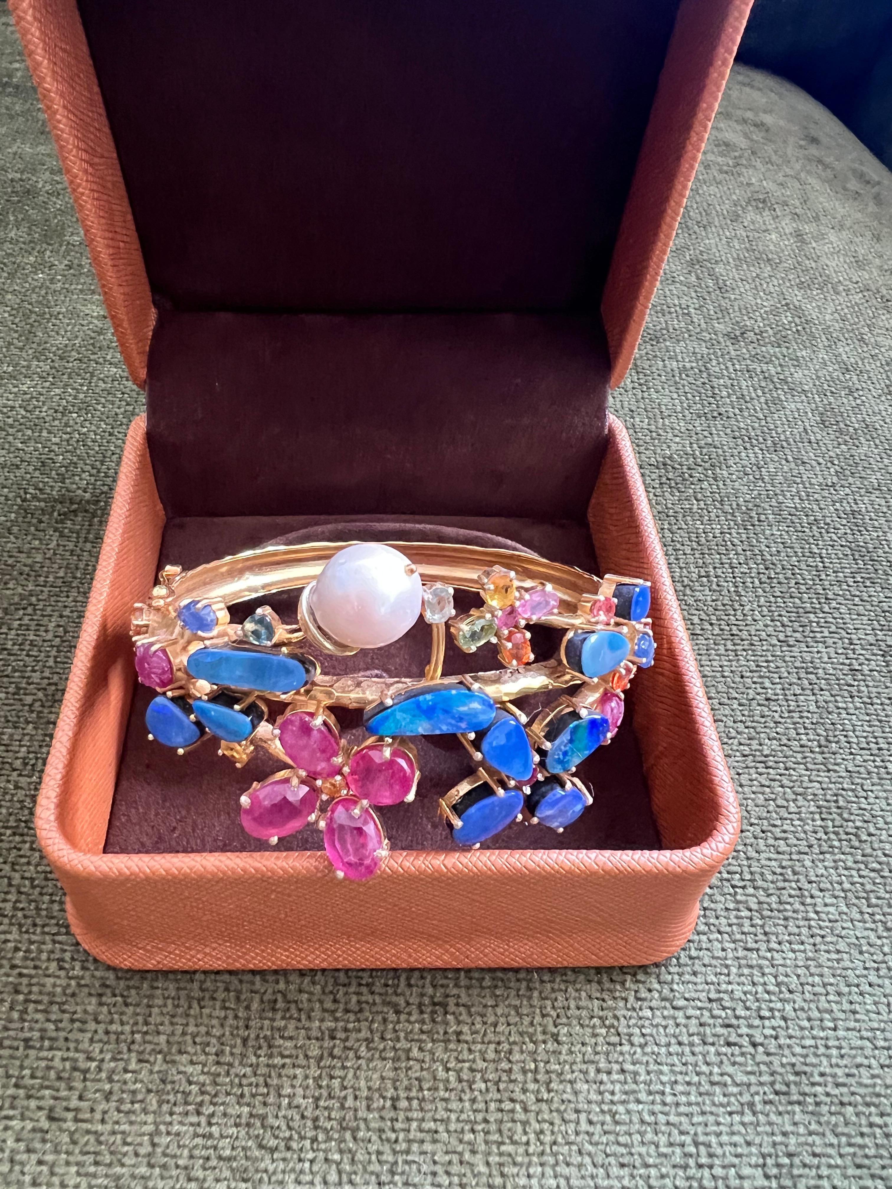 Women's or Men's Bochic “Capri” Vintage Ruby, Sapphire & Blue Opal Cuff Set In 18K & Silver For Sale