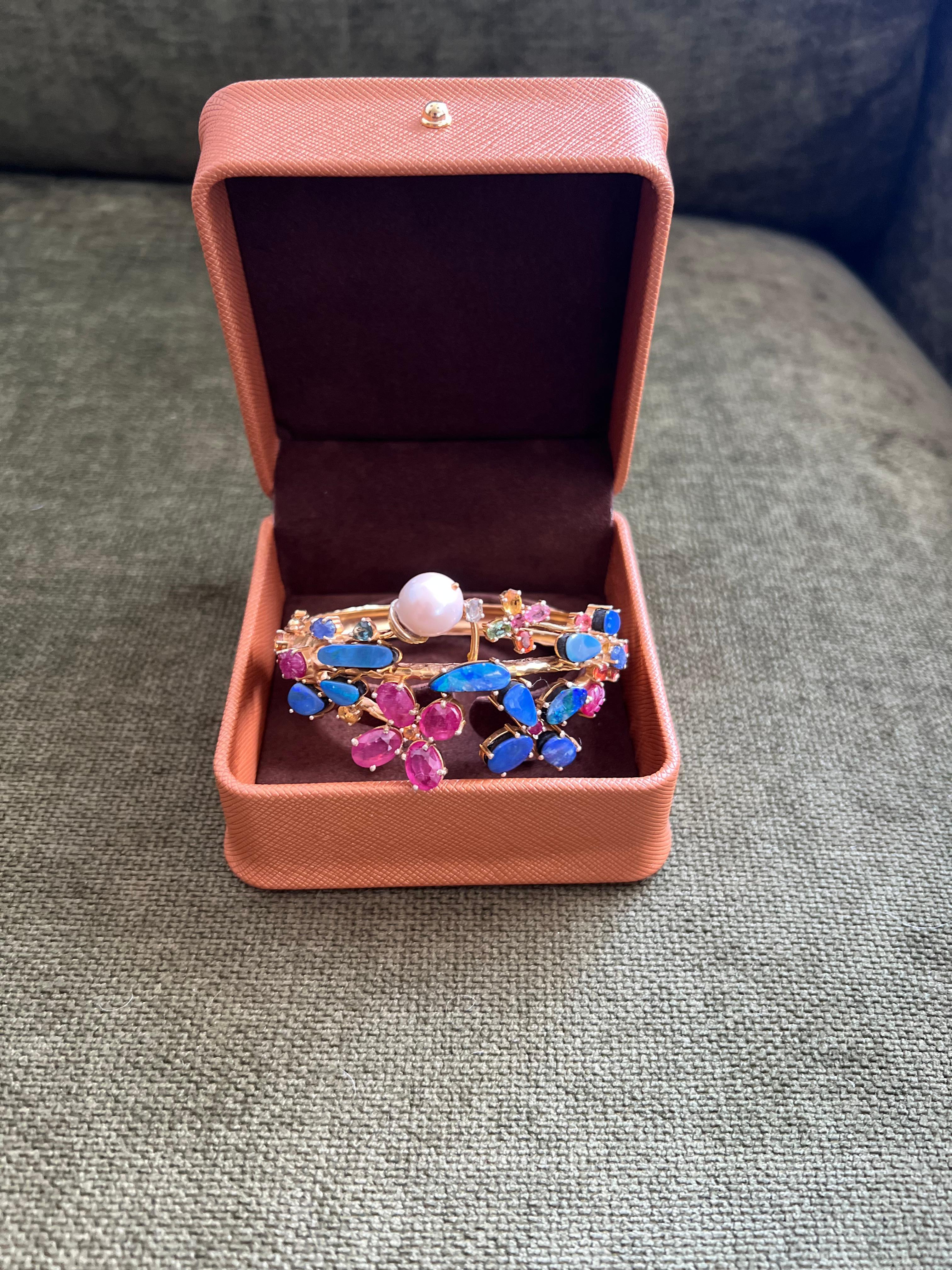 Bochic “Capri” Vintage Ruby, Sapphire & Blue Opal Cuff Set In 18K & Silver For Sale 1