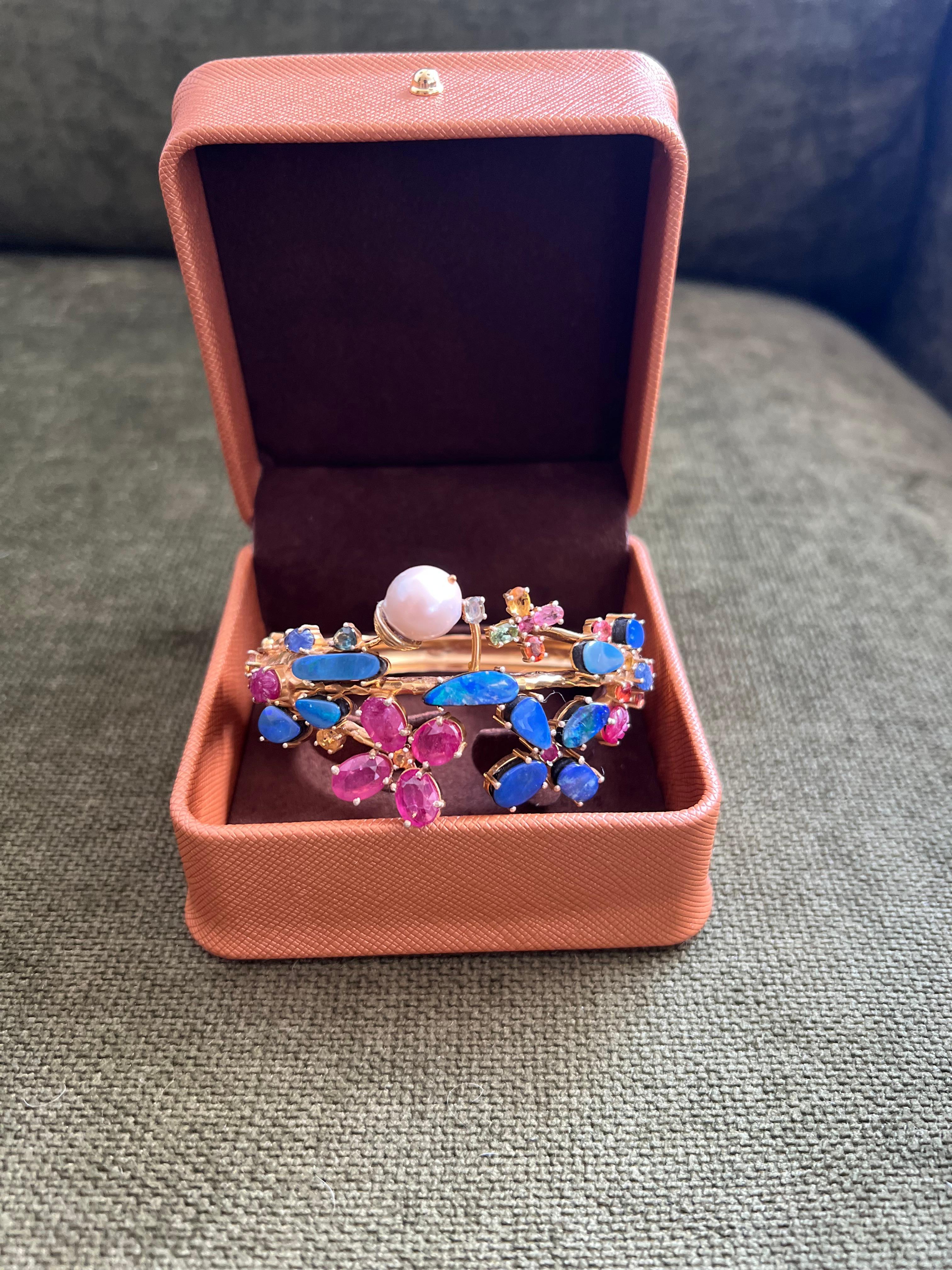 Bochic “Capri” Vintage Ruby, Sapphire & Blue Opal Cuff Set In 18K & Silver For Sale 2
