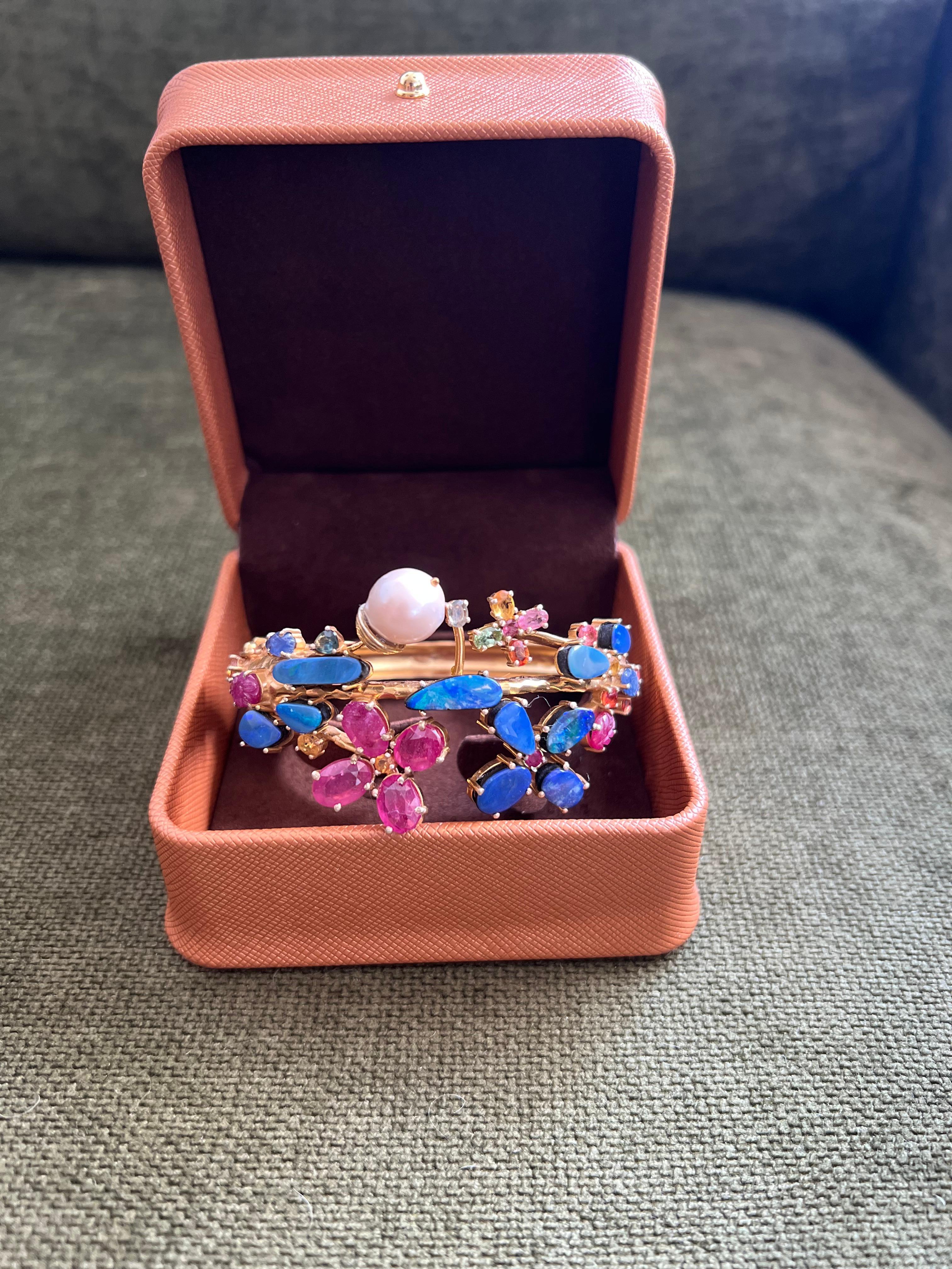 Bochic “Capri” Vintage Ruby, Sapphire & Blue Opal Cuff Set In 18K & Silver For Sale 3