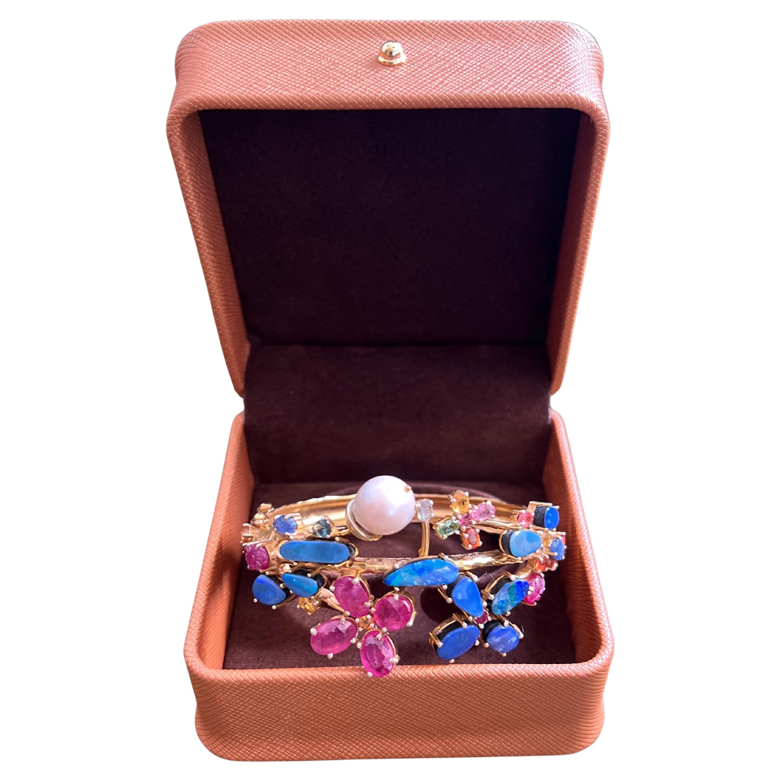 Bochic “Capri” Vintage Ruby, Sapphire & Blue Opal Cuff Set In 18K & Silver For Sale