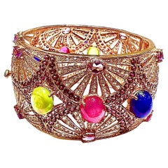Bochic “Capri” Vintage Ruby, Sapphire & Emerald Cuff Set In 18K Gold & Silver