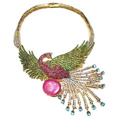 Bochic "Capri" Vintage Rubin, Saphir & Garant Peacock Halskette Set in 18K & Sil