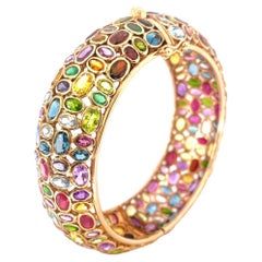 Bochic “Capri” Vintage Ruby & Sapphire Multi Gem Bangle Set In 18K Gold & Silver