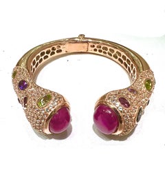 Bochic “Capri” Vintage Ruby, Sapphire & Multi-Gem Retro Bangle Set in 18K Gold &