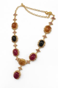 Bochic “Capri” Vintage Ruby & Sapphire Necklace Set In 18K Gold & Silver