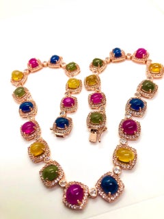 Bochic “Capri” Vintage Ruby & Sapphire Necklace Set In 18K Gold & Silver