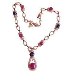 Bochic "Capri" Vintage Ruby & Sapphire Necklace Set In 18K Gold & Silver