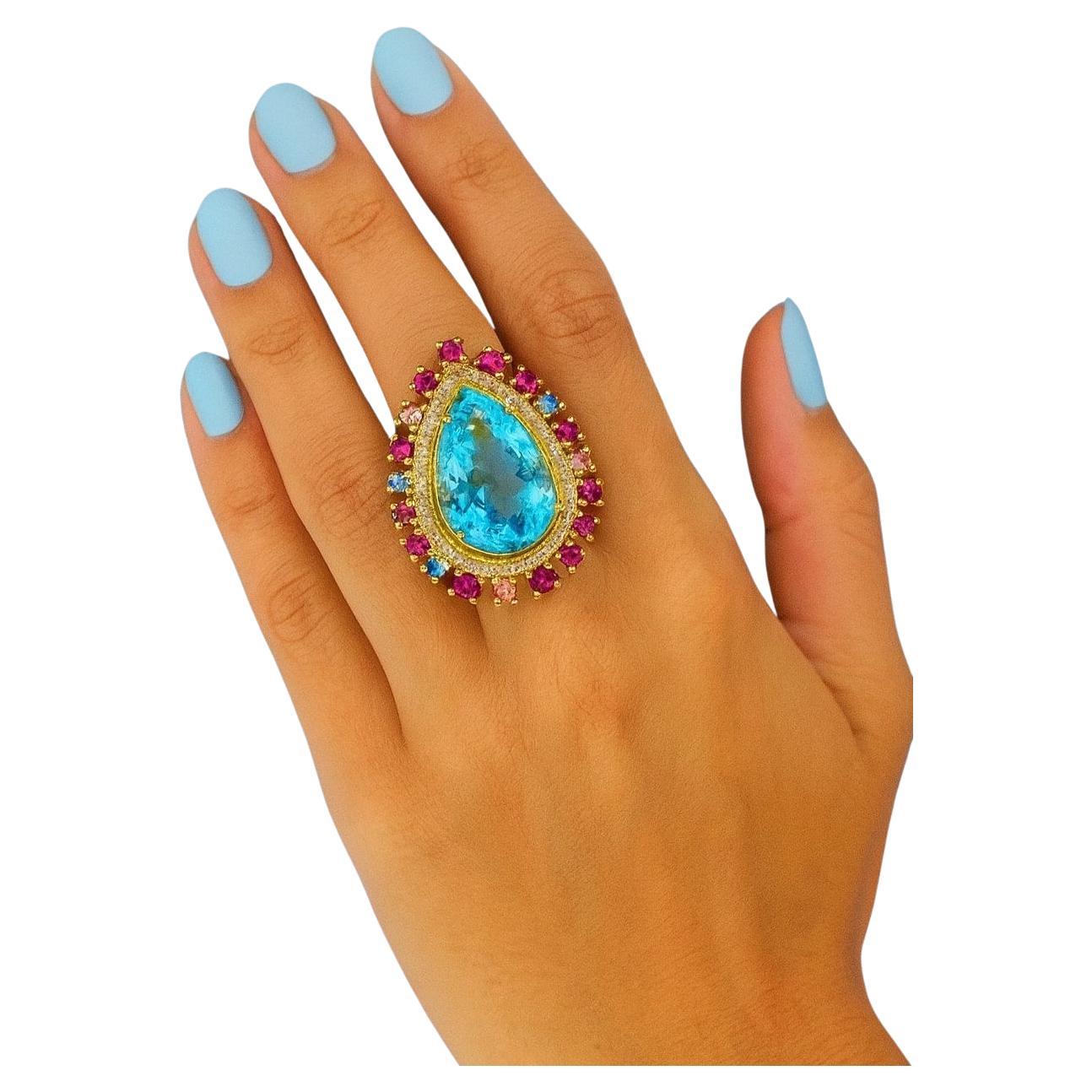 Anello Bochic "Capri" con rubini, zaffiri e diamanti d'epoca incastonati in oro e argento 18 carati