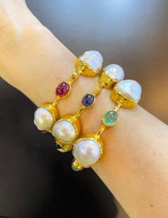 Bochic “Capri” Vintage Ruby & South Sea Pearl Bangle in 18K Gold & Silver
