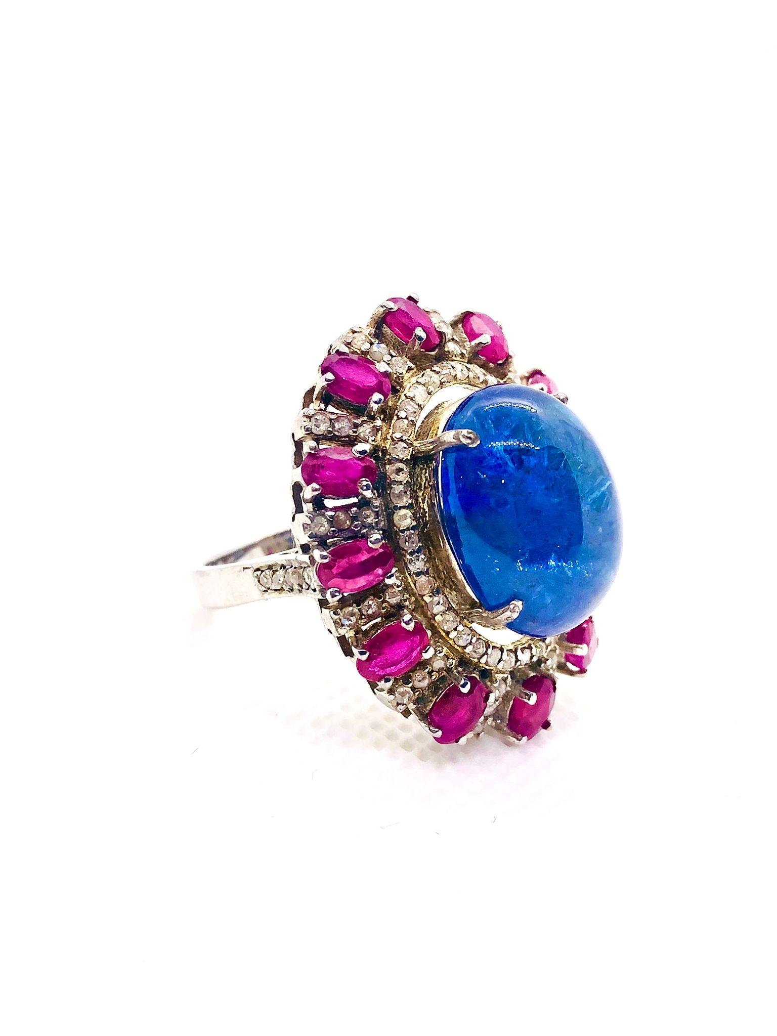 Baroque Revival Bochic “Capri” Vintage Ruby, Tanzanite & Diamond Ring Set In 18K Gold & Silver For Sale