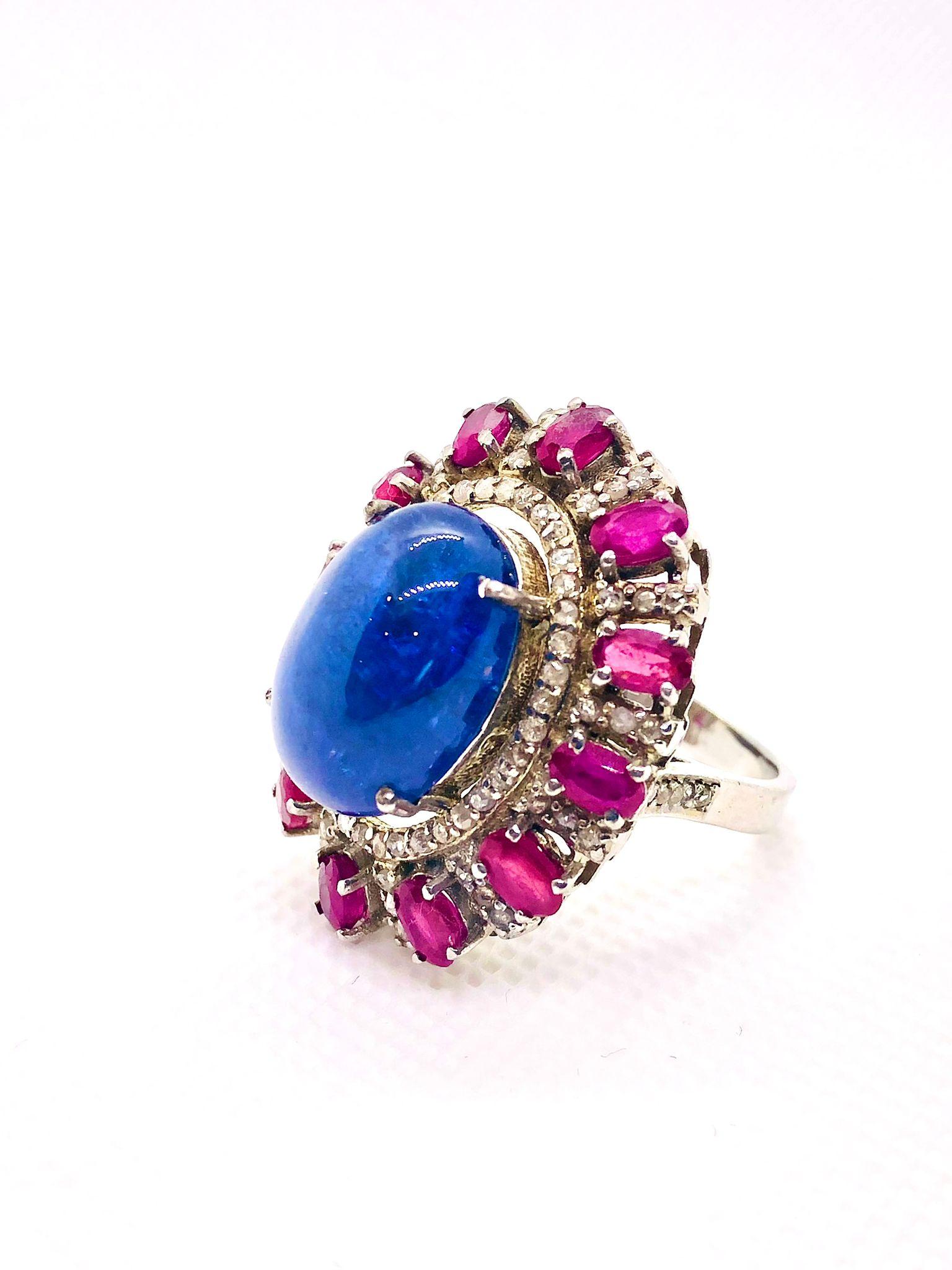 Brilliant Cut Bochic “Capri” Vintage Ruby, Tanzanite & Diamond Ring Set In 18K Gold & Silver For Sale