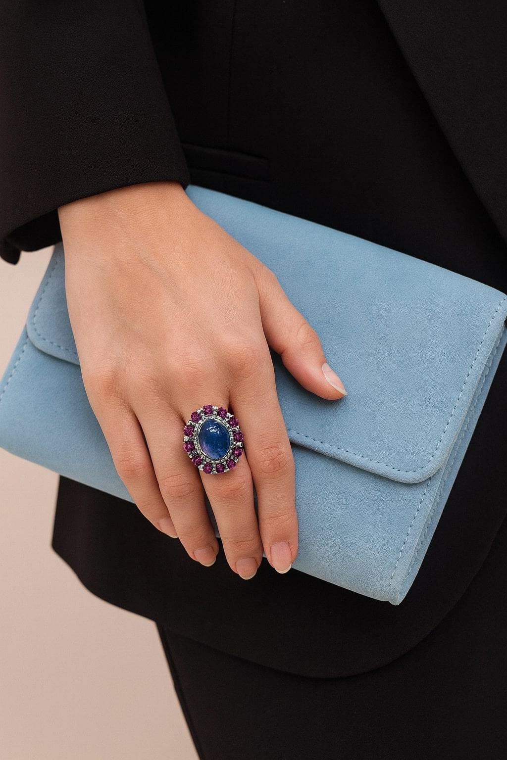 Bochic “Capri” Vintage Ruby, Tanzanite & Diamond Ring Set In 18K Gold & Silver For Sale 2