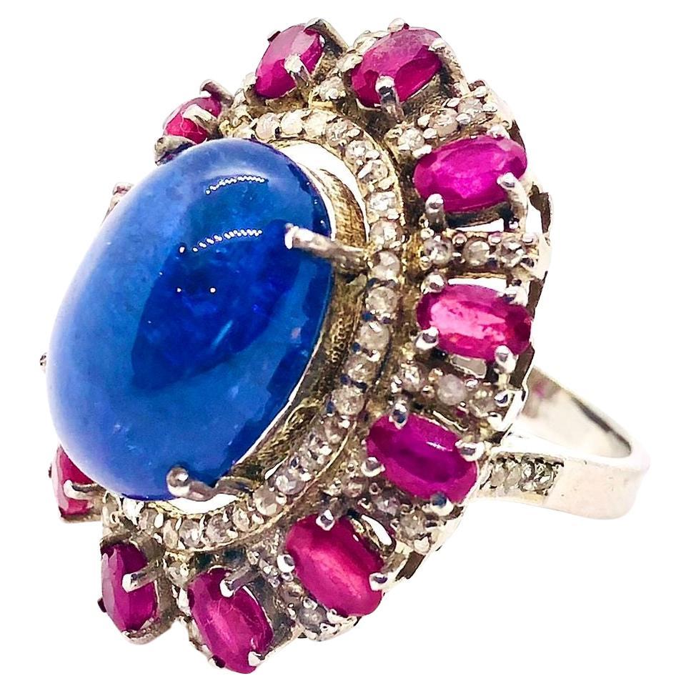 Anello Bochic "Capri" con rubino, tanzanite e diamanti d'epoca incastonati in oro e argento 18 carati