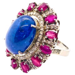Anello Bochic "Capri" con rubino, tanzanite e diamanti d'epoca incastonati in oro e argento 18 carati