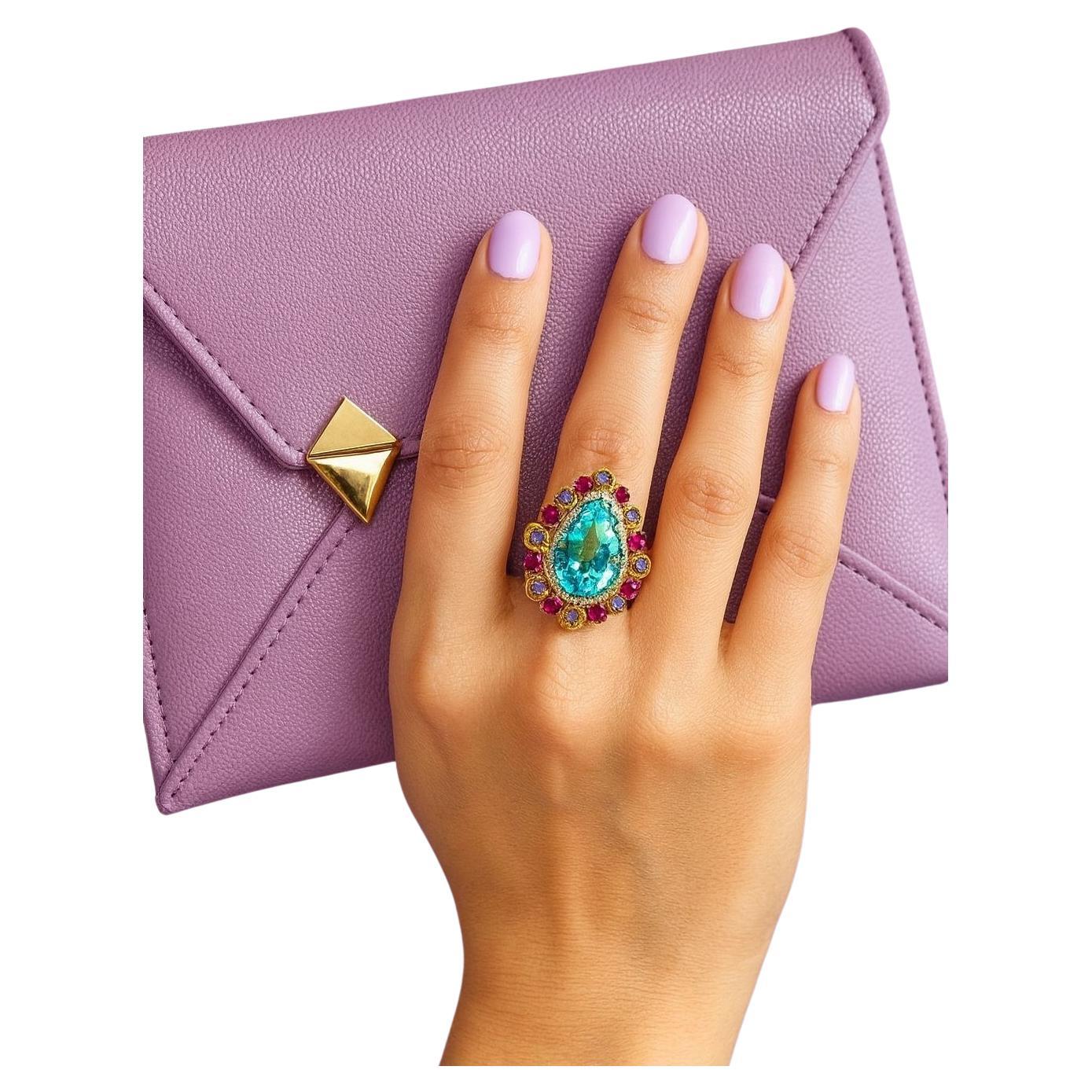 Bochic "Capri" Bague vintage en or 18 carats et argent sertie de rubis, tanzanite et diamants