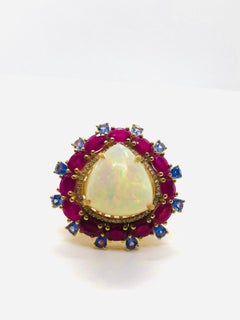 Bochic “Capri” Vintage Ruby, Tanzanite, Opal & Diamond Cocktail Ring — 18K Gold