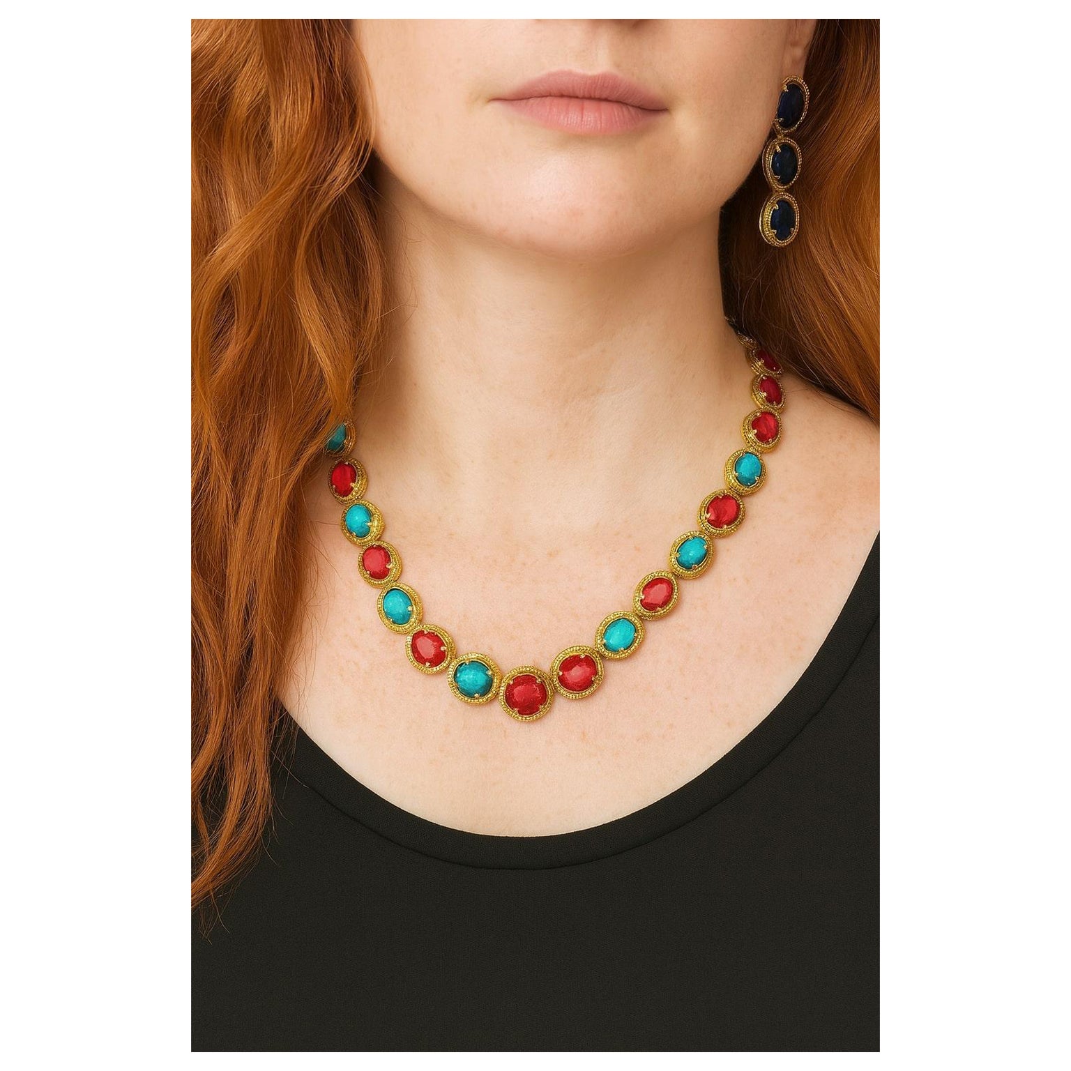 Bochic “Capri” Vintage Ruby, Turquoise & Diamond Necklace & Earrings Set 18K Gol