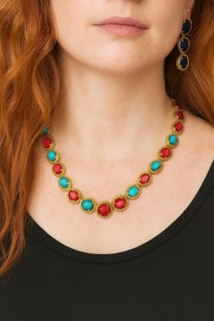 Bochic “Capri” Vintage Ruby, Turquoise & Diamond Necklace & Earrings Set 18K Gol