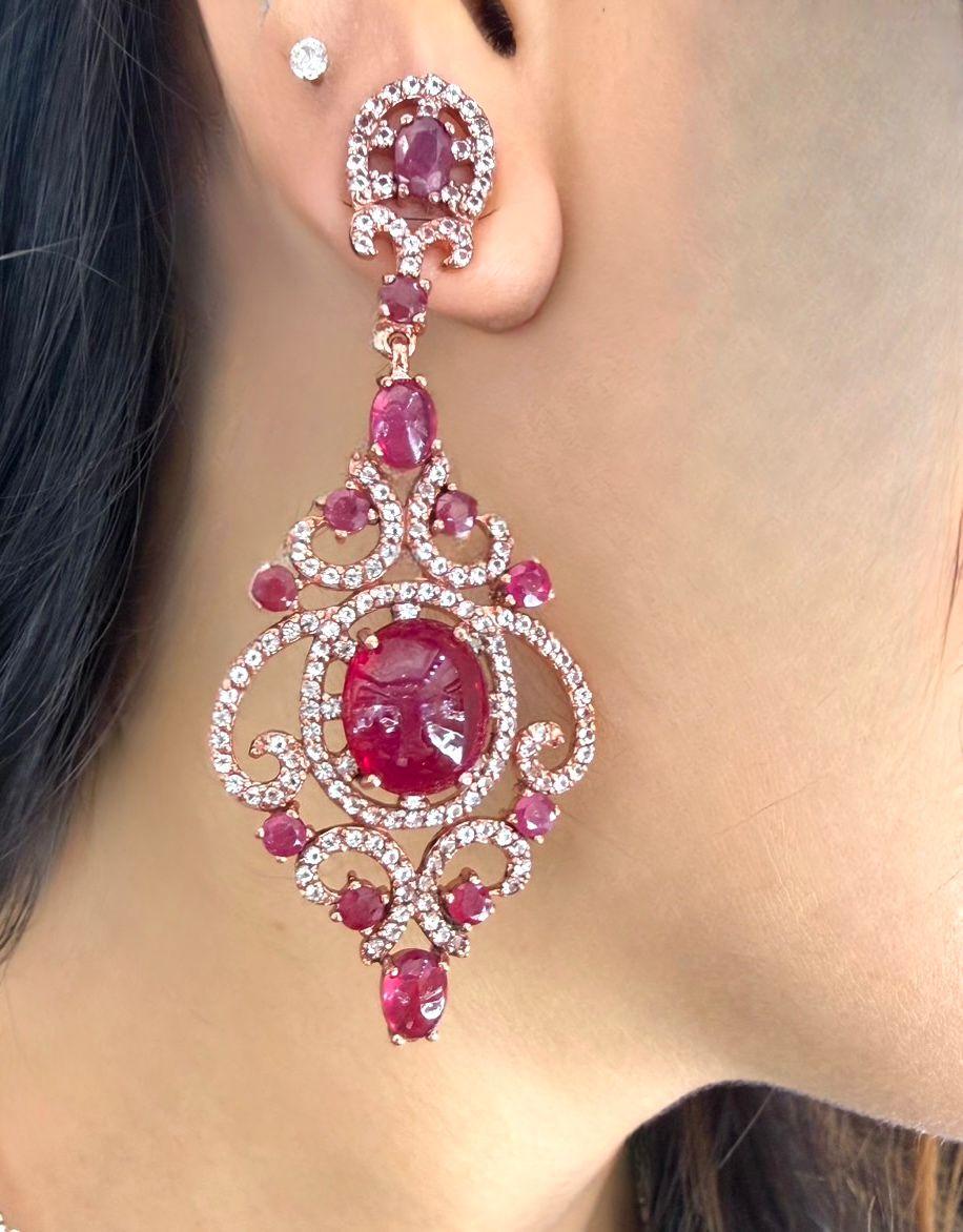 Bochic “Capri” Vintage Ruby & White Topaz Earrings Set In 18K Gold & Silver For Sale