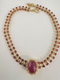 Bochic “Capri” Vintage Ruby & White Topaz Necklace Set In 18K Gold & Silver