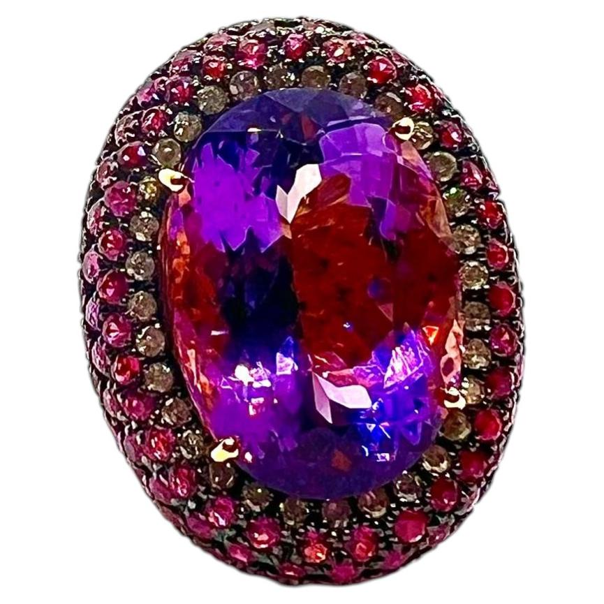 Bochic “Capri” Vintage Sapphire, Amethyst & Ruby Ring 18K Gold & Silver