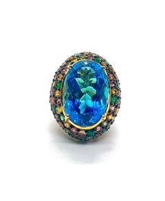 Bochic "Capri" Vintage Saphir, Blauer Topas & Smaragd Ring 18K Gold & Silber