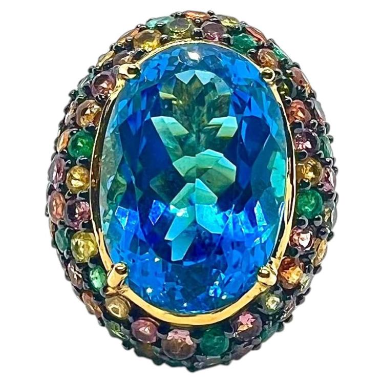 Bochic “Capri” Vintage Sapphire, Blue Topaz & Emerlad Ring 18K Gold & Silver