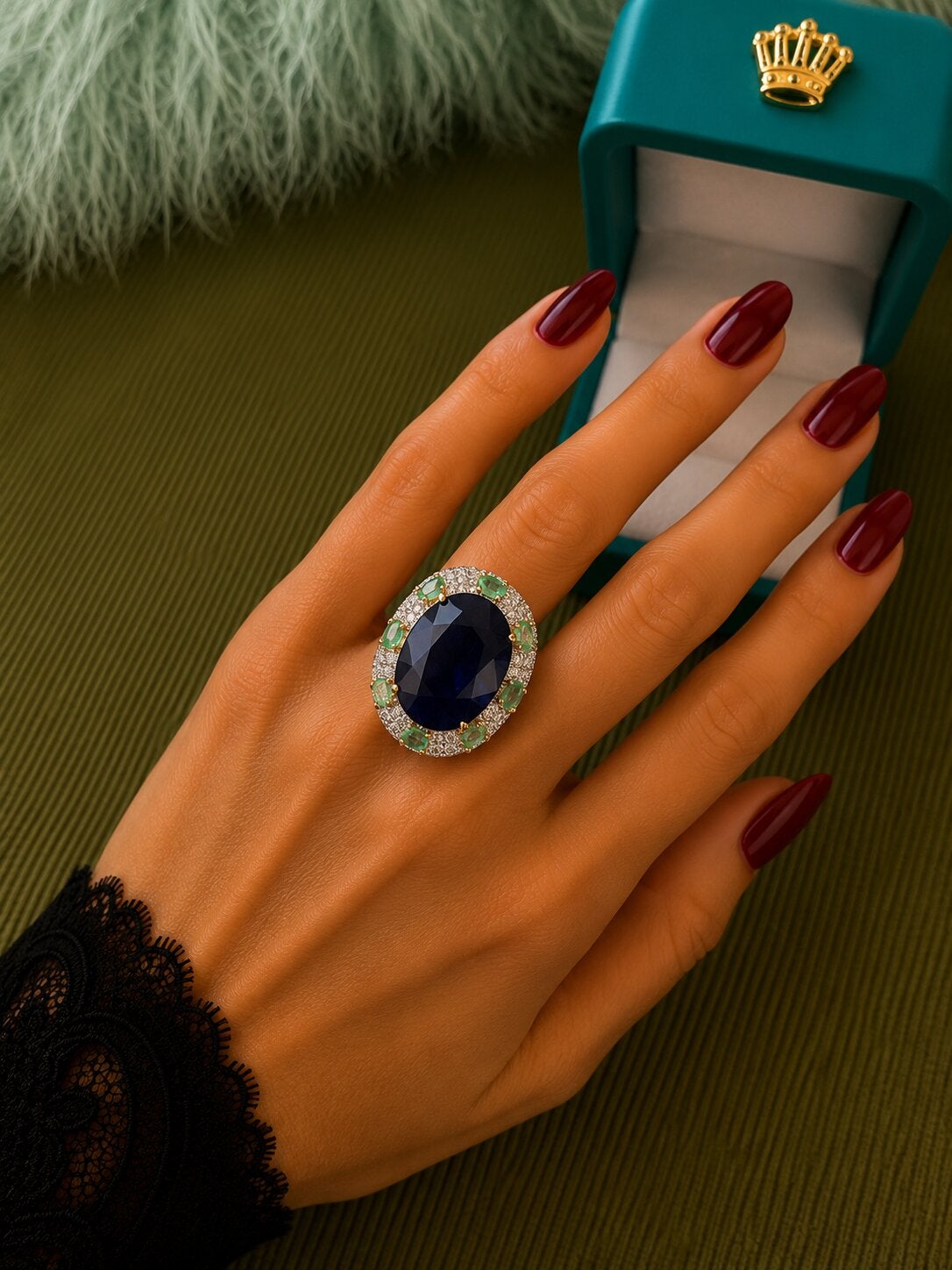 Bague vintage « Capri » de Bochic, sertie de saphirs, d'émeraudes et de diamants, en or 18 carats et argent