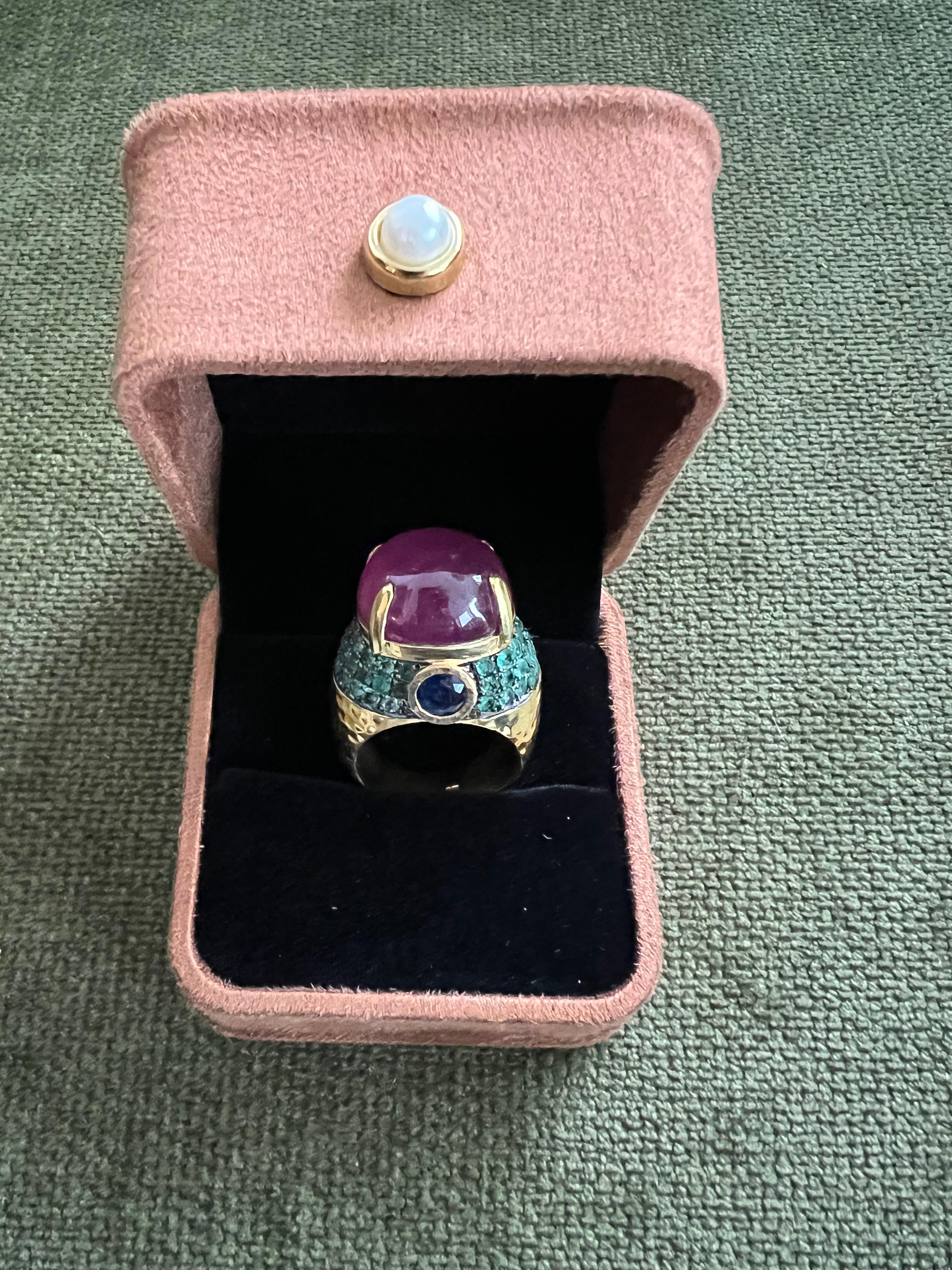 Bochic “Capri” Vintage Sapphire, Emerald & Ruby Ring Set In 18K Gold & Silver in vendita 6