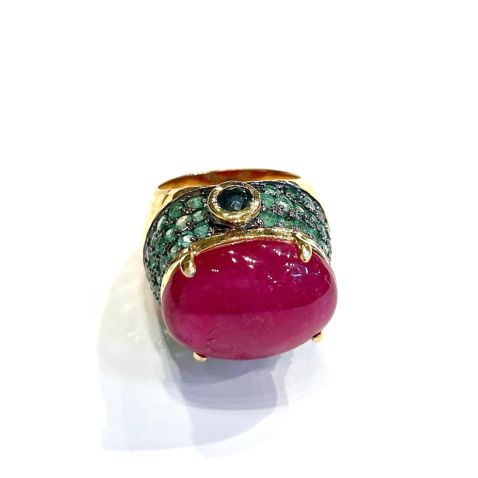 Bochic “Capri” Vintage Sapphire, Emerald & Ruby Ring Set In 18K Gold & Silver For Sale 3