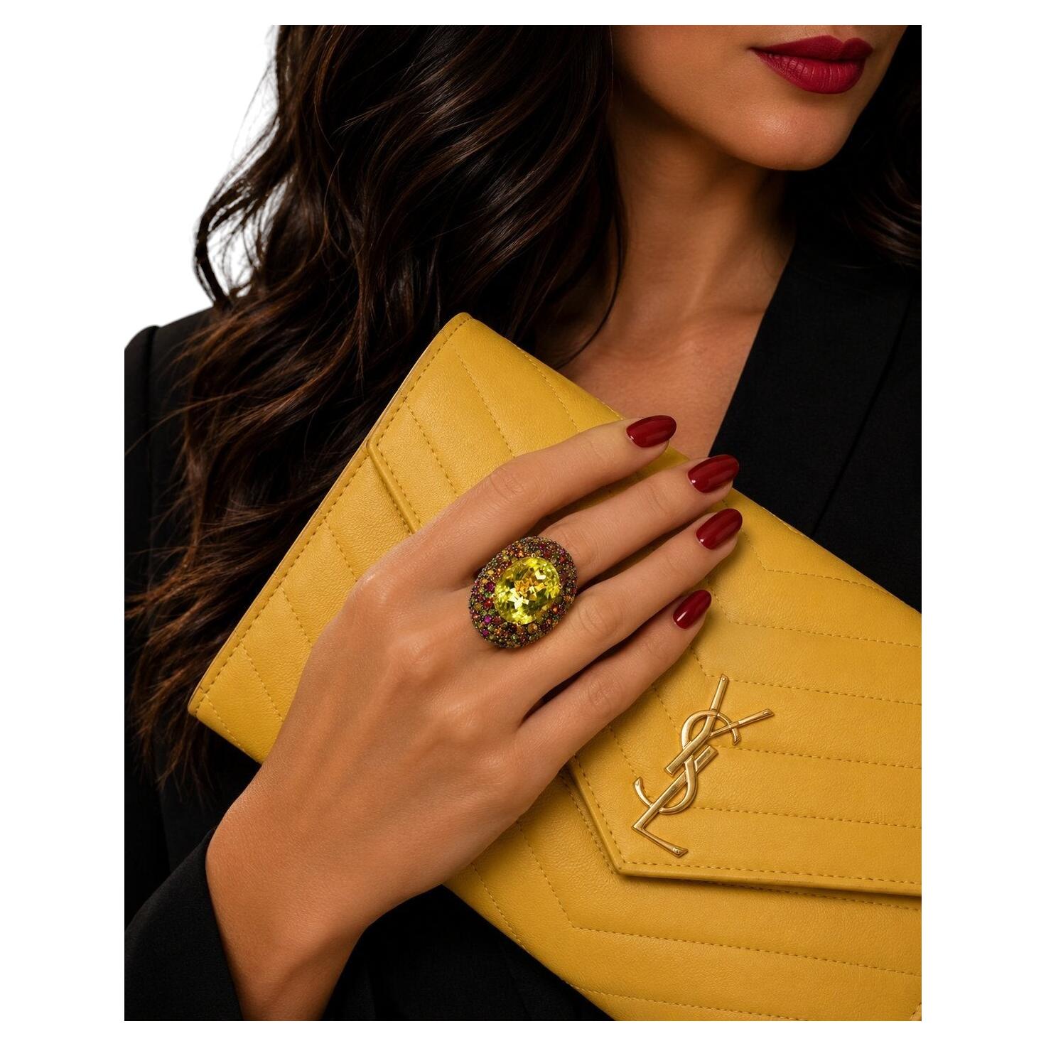 Bochic “Capri” Vintage Sapphire, Lemon Topaz & Ruby Ring 18K Gold & Silver For Sale
