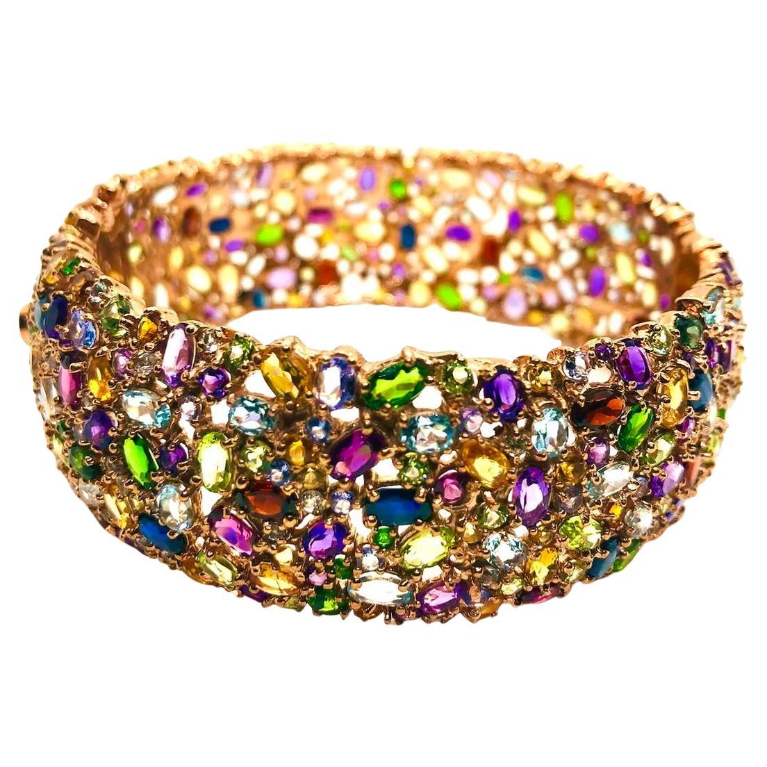 Bochic “Capri” Vintage Sapphire & Multi Gem Bangle Set In 18K Gold & Silver