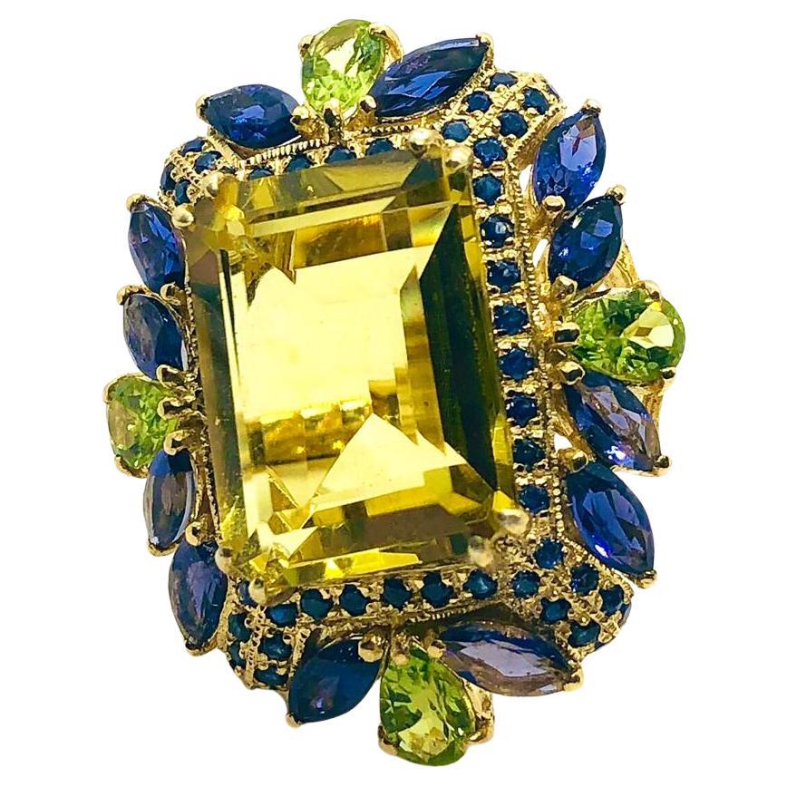 Bague Vintage "Capri" saphir, péridot et quartz citron - Or 18K et soie
