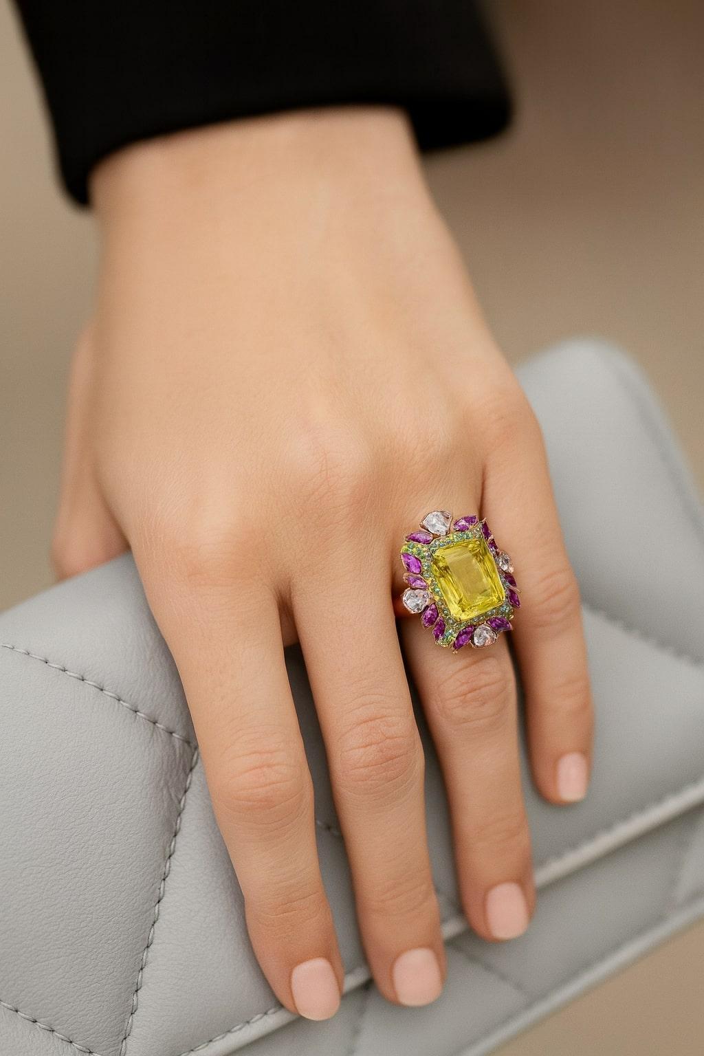 Baroque Bochic “Capri” Vintage Sapphire, Peridot & Lemon Quartz Ring Set In 18K Gold & S For Sale