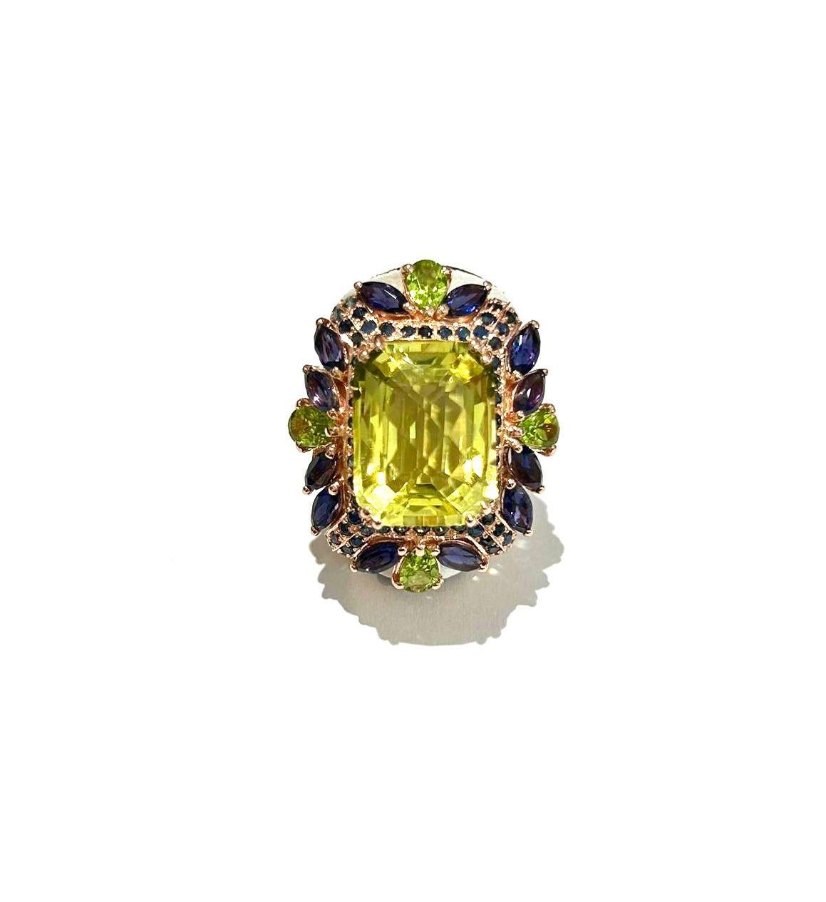 Brilliant Cut Bochic “Capri” Vintage Sapphire, Peridot & Lemon Quartz Ring Set In 18K Gold & S For Sale