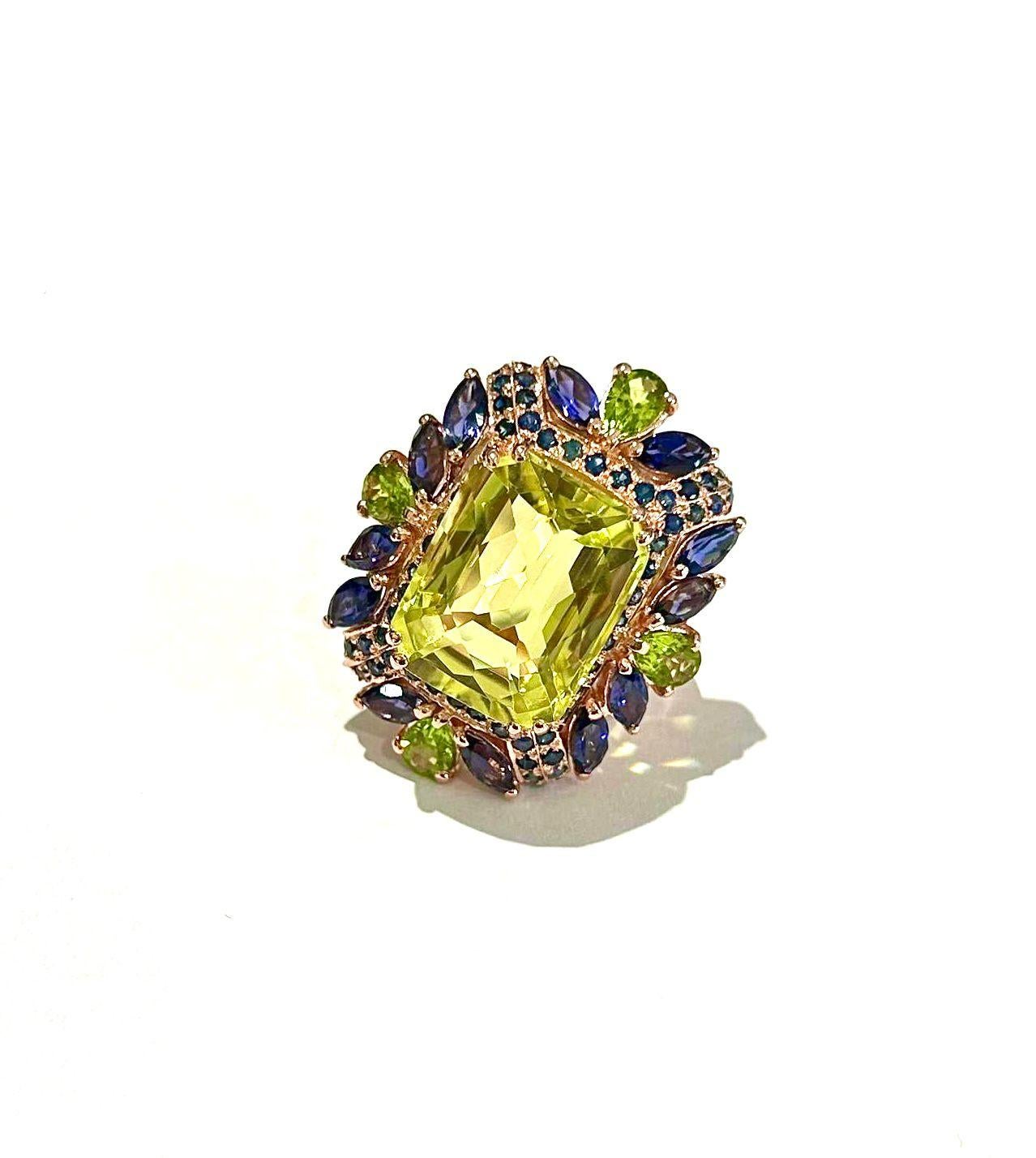 Women's or Men's Bochic “Capri” Vintage Sapphire, Peridot & Lemon Quartz Ring Set In 18K Gold & S For Sale