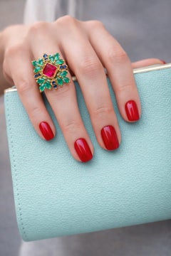 Bochic Capri Vintage 18K Gold & Silver Multi-Gem Cocktail Ring, 1999