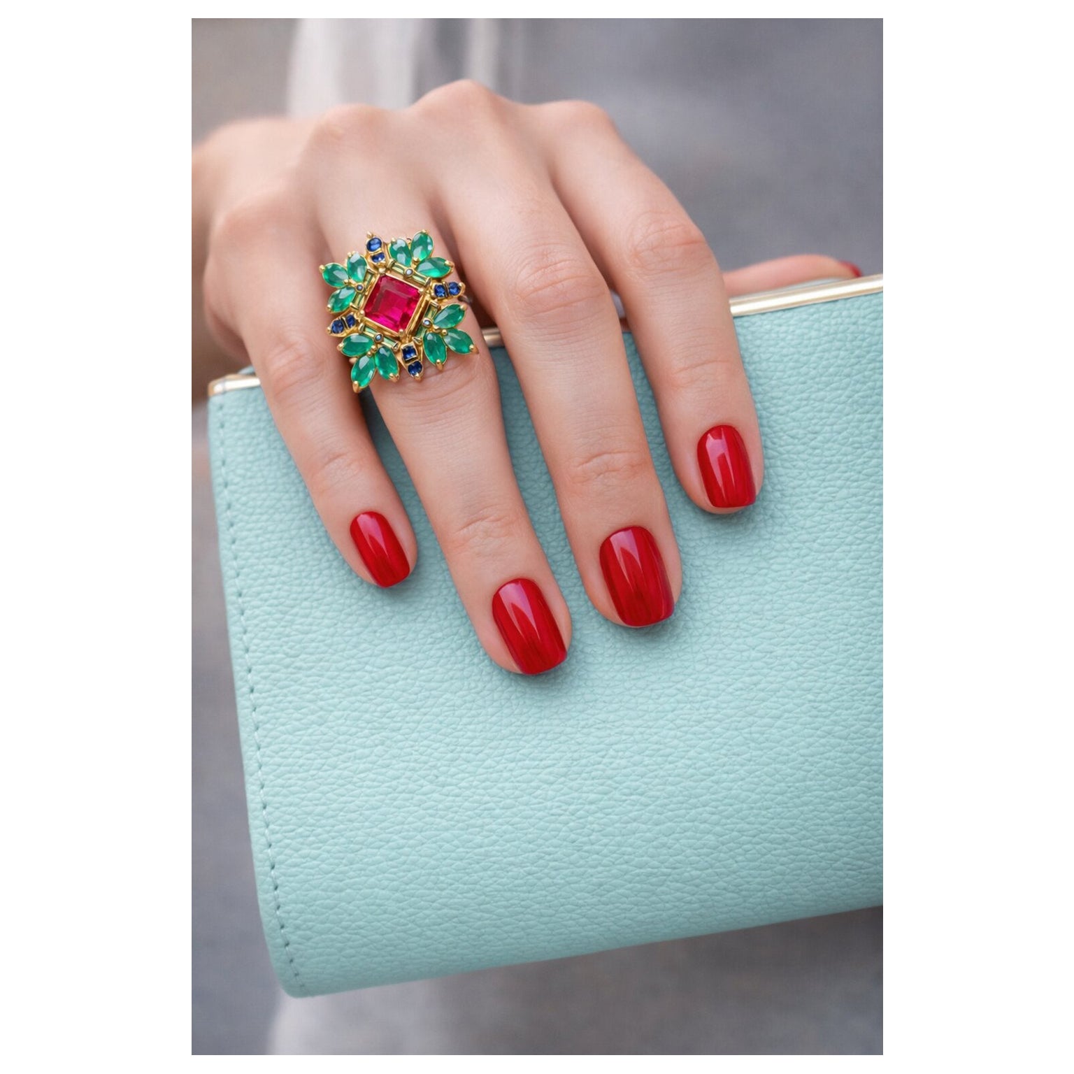 Bochic "Capri" Bague Vintage en saphir, rubis et émeraude - Or et Argent 18K