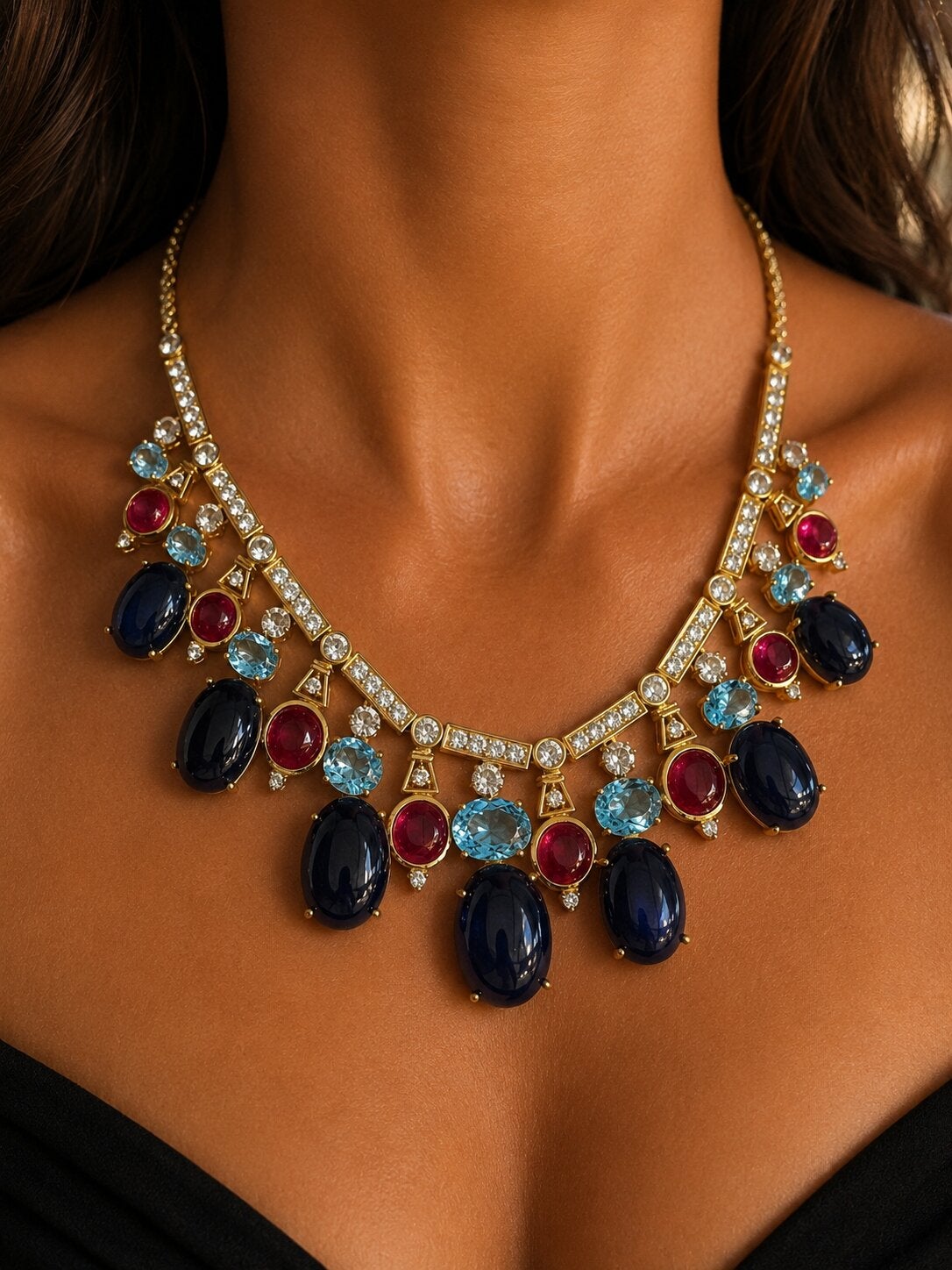 Bochic “Capri” Vintage Sapphire, Ruby & Topaz Drop Necklace - 18K Gold