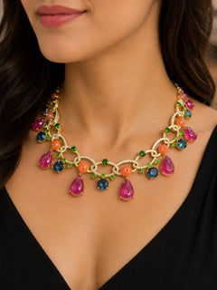 Bochic “Capri” Vintage Sapphire, Ruby, Topaz & Opal Drop Necklace 18K & Silver