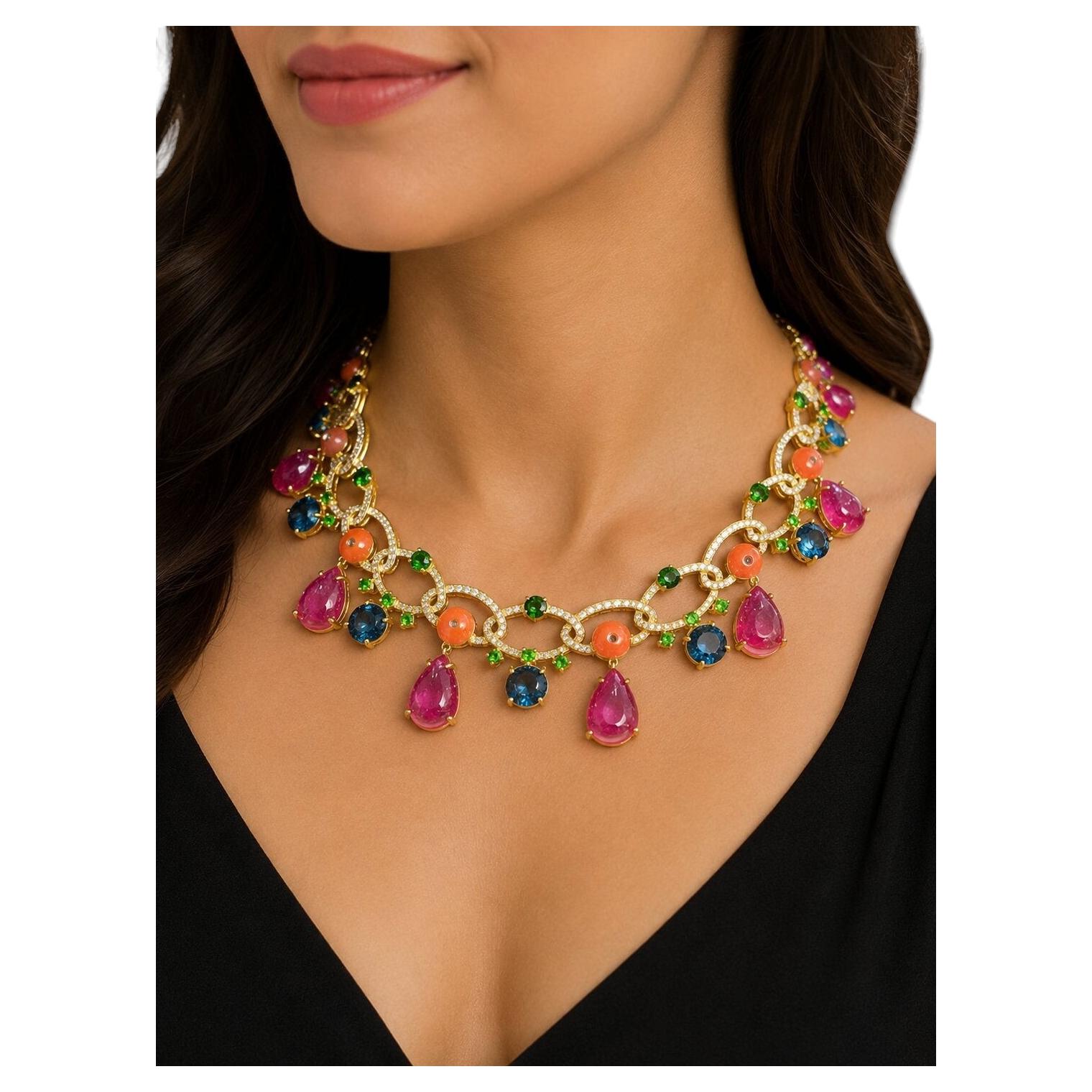 Bochic “Capri” Vintage Sapphire, Ruby, Topaz & Opal Drop Necklace 18K & Silver For Sale