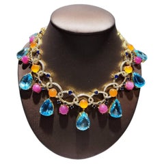 Bochic “Capri” Vintage Sapphire, Ruby, Topaz & Opal Drop Necklace - 18K & Silver