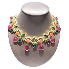 Bochic “Capri” Vintage Sapphire, Ruby, Topaz & Opal Drop Necklace 18K & Silver