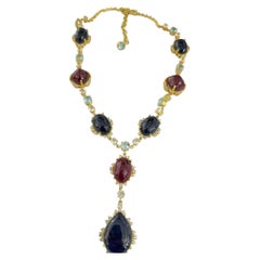 Bochic “Capri” Vintage Sapphire, Ruby & White Topaz Drop Necklace Set In 18K Gol