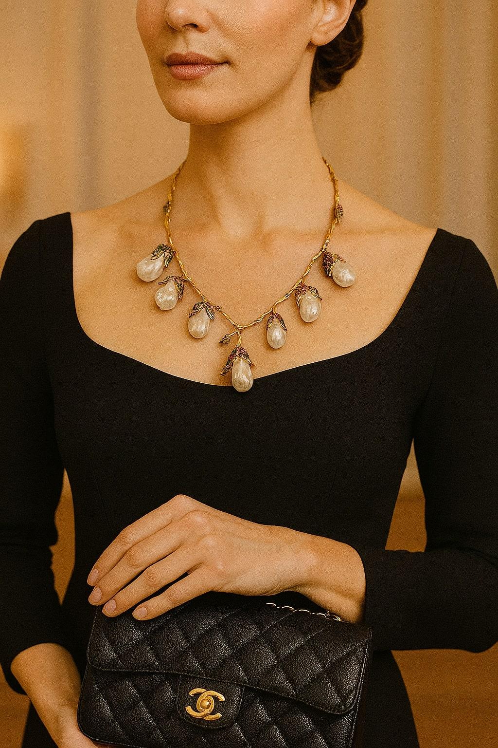 Collana vintage con perle dei mari del sud, rubini e gemme multiple di Bochic 
