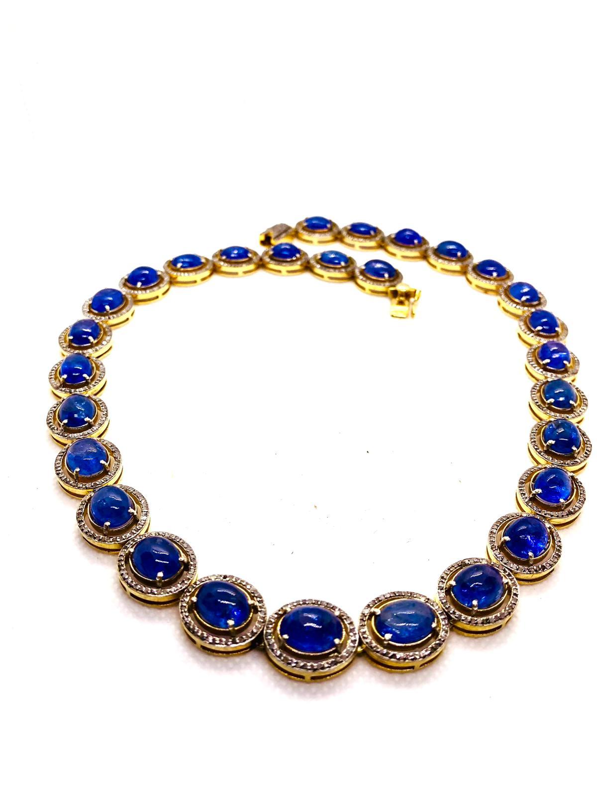 Anglo-Indian Bochic “Capri” Vintage Tanzanite & Diamond Necklace Set 18K Gold & Silver For Sale