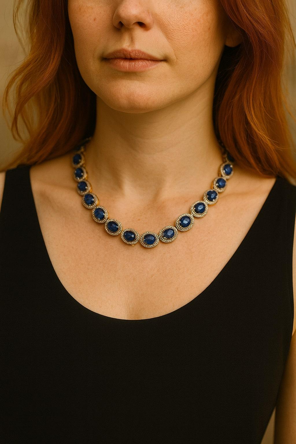 Bochic “Capri” Vintage Tanzanite & Diamond Necklace Set 18K Gold & Silver For Sale 1