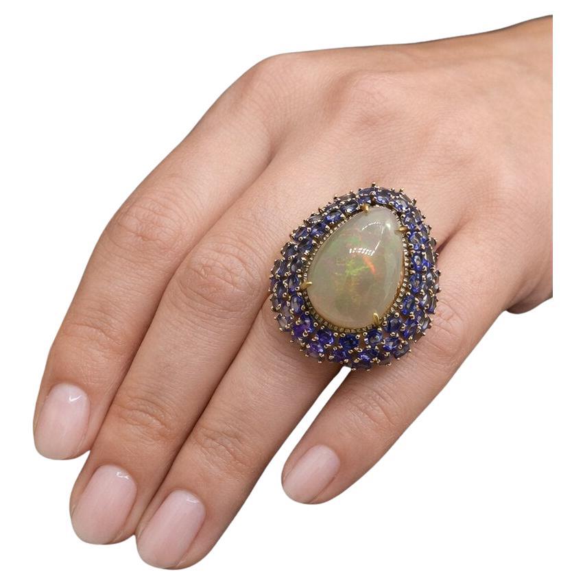 Bochic “Capri” Vintage Tanzanite, Opal & Diamond Cocktail Ring — 18K Gold & Silv For Sale
